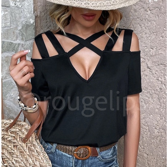 Rouge! Tops - Black Short Sleeve Tee Shirt Top Cold Shoulder Criss Cross Straps